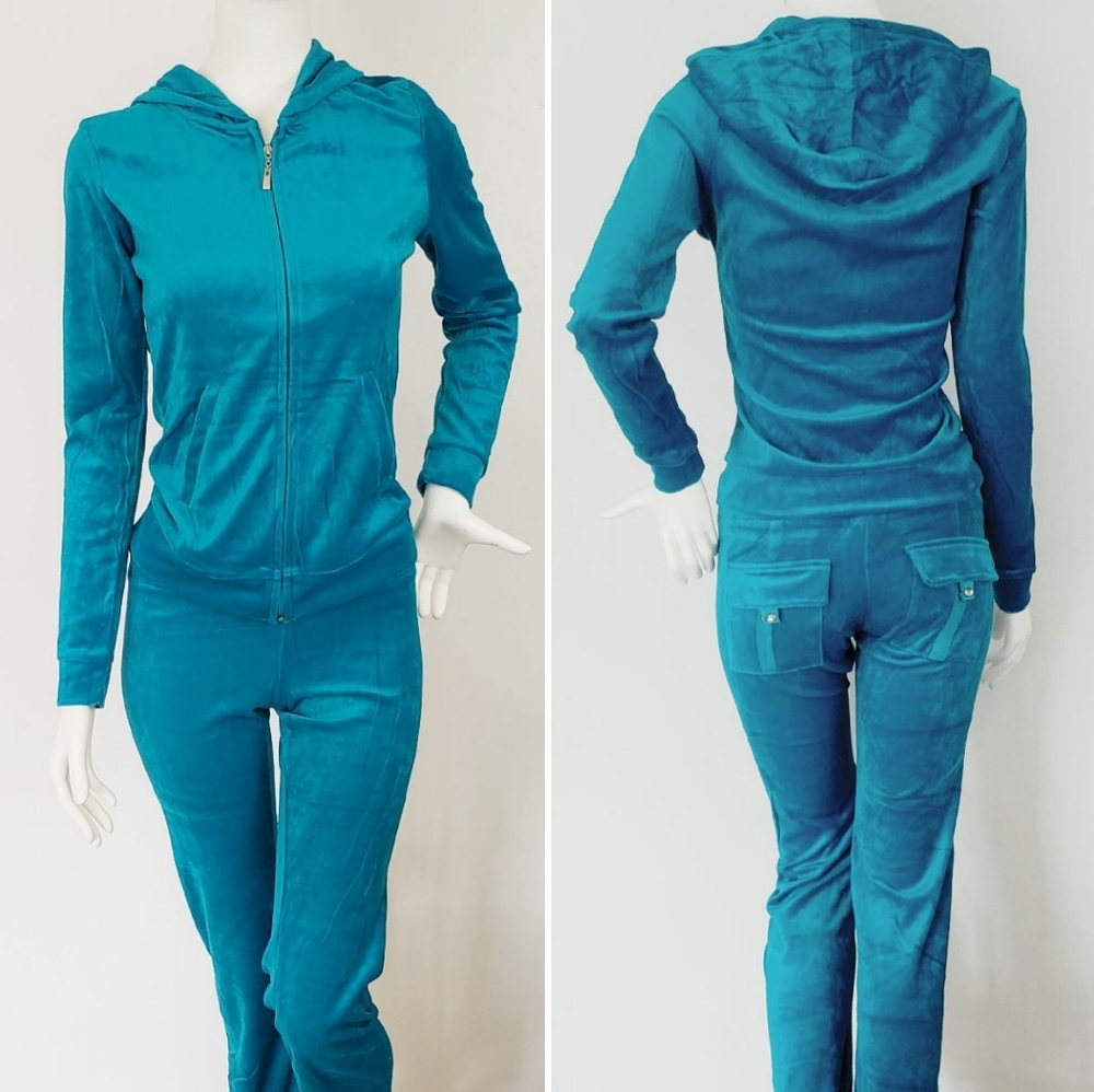 Turquoise velour hoodie and pant set